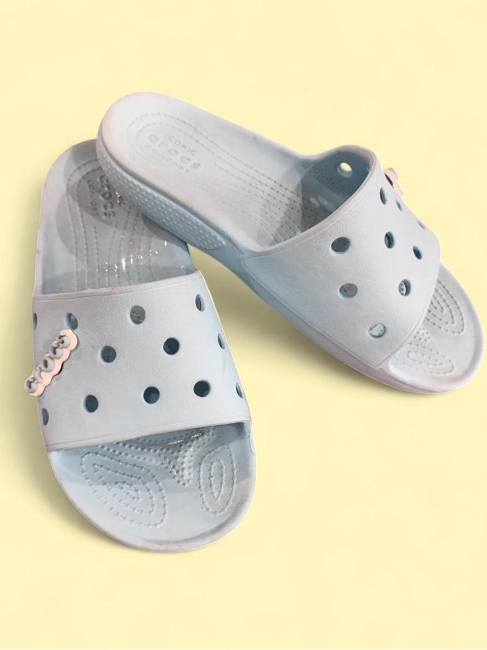 CROCS Light Blue Slide Sandals with Pink Accent